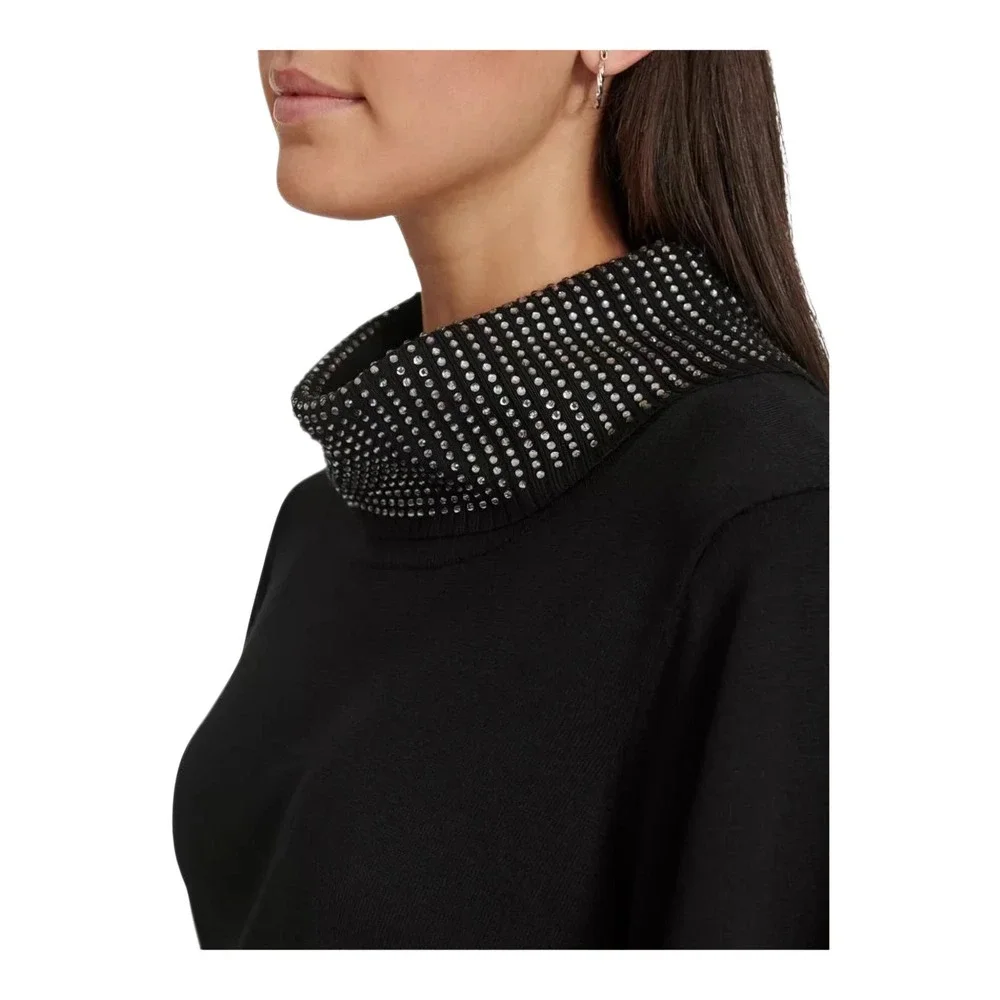 Calvin Klein Women Black Mock Neck Embellished Sheath Dress Long‎ Sleeve L